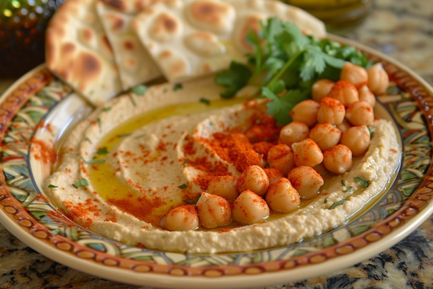 Plate of Hummus and Pita Bread on Table