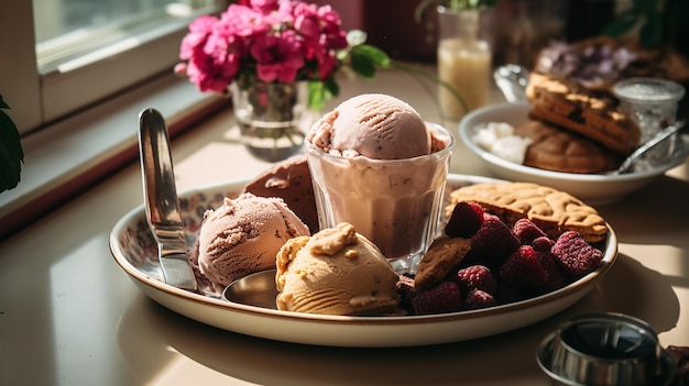 a plate of ice cream and ice cream with a spoon on it