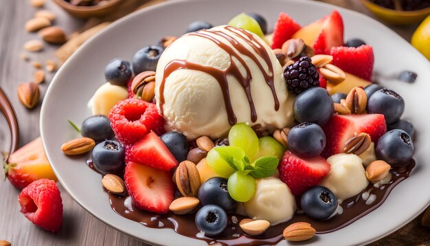 Photo a plate of ice cream with berries and berries on it