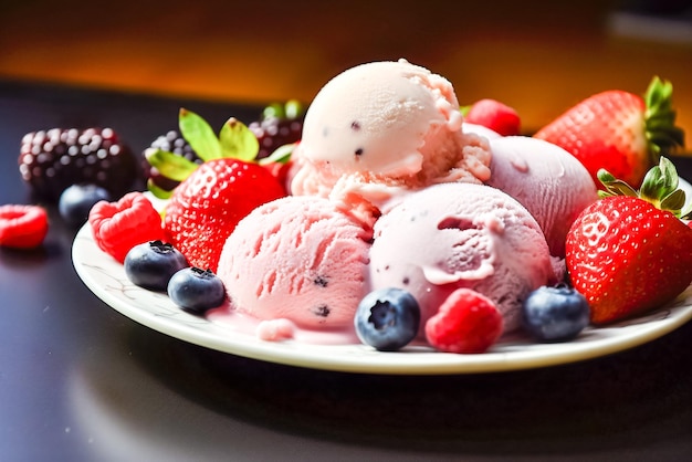 A plate of ice cream with berries on it