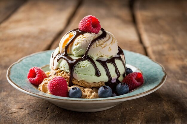 a plate of ice cream with berries and a plate of ice cream