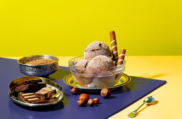 A plate of ice cream with a bowl of ice cream and a plate of cookies