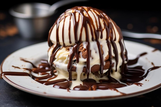 a plate of ice cream with chocolate drizzled on it.