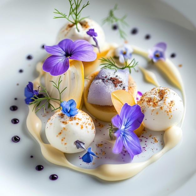 a plate of ice cream with purple flowers and purple flowers