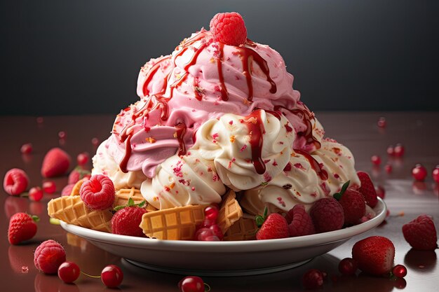 A plate of ice cream with raspberries and raspberries.