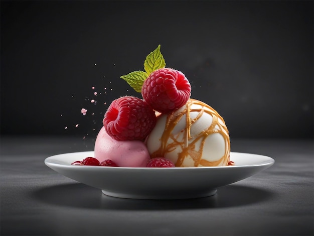 a plate of ice cream with raspberries