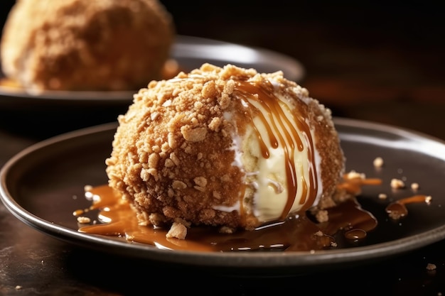 A plate of ice cream with a scoop of caramel on top.