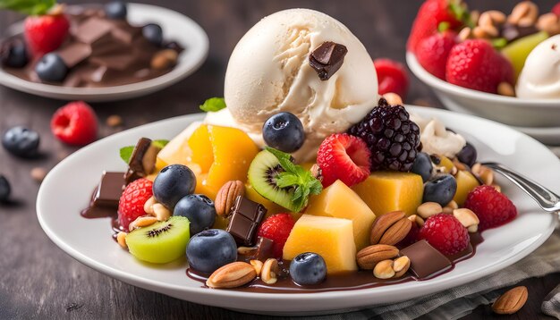 Photo a plate of ice cream with a scoop of ice cream and fruit