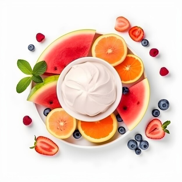 A plate of ice cream with various garnishes of watermelon oranges strawberries grapes berries