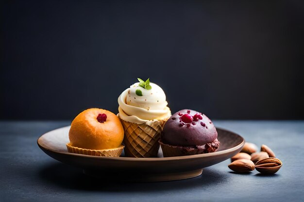 A plate of ice creams and pastries with a dark background