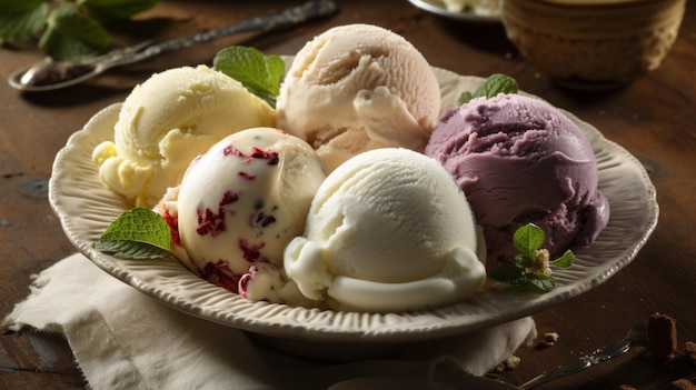 A plate of ice creams with a few green leaves on the side