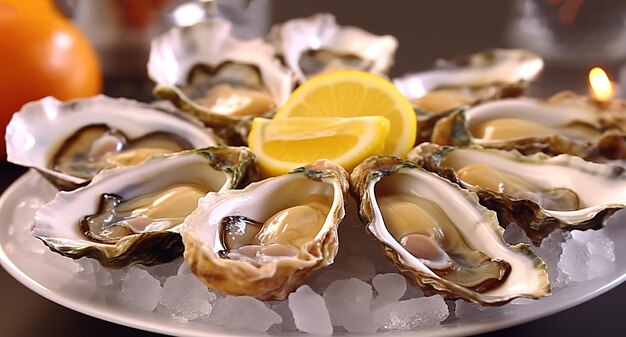 A plate of ice cubes filled with opened fresh oysters