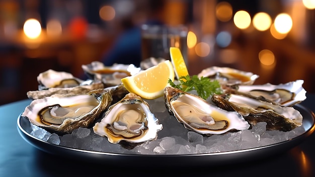 A plate of ice cubes filled with opened fresh oysters