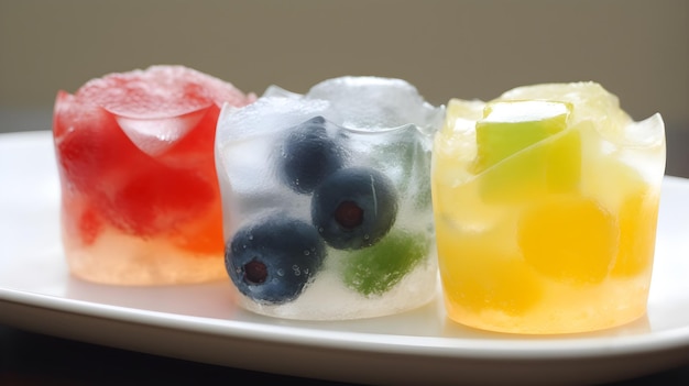 A plate of ice cubes with blueberries and limes on it.