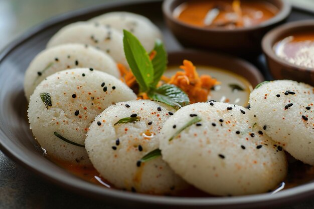 Photo a plate of idli a savory cake made by steaming a batter consisting of fermented black lentils and rice it is a staple food in south indian cuisine