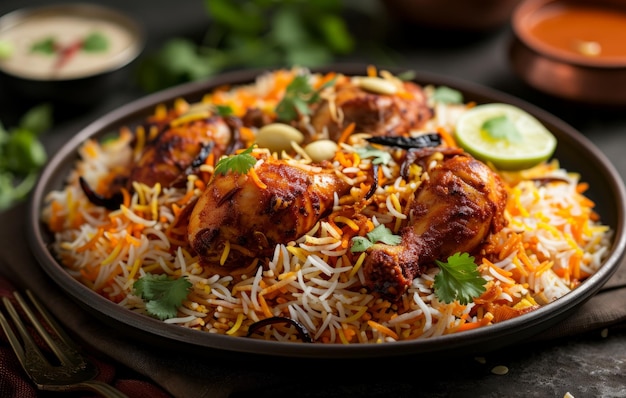 A plate of indian chicken biryani with rice and chutney chicken biryani concept