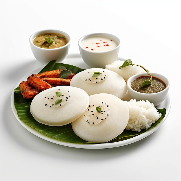 Plate of indian idli food with chutney containers on white background
