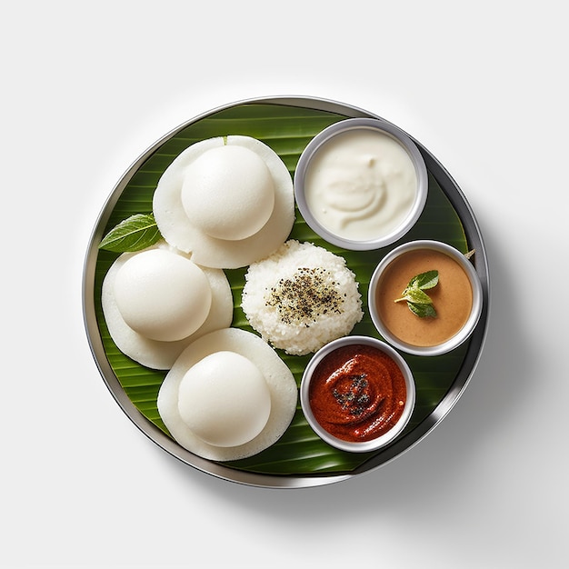 Plate of indian idli food with chutney containers on white background