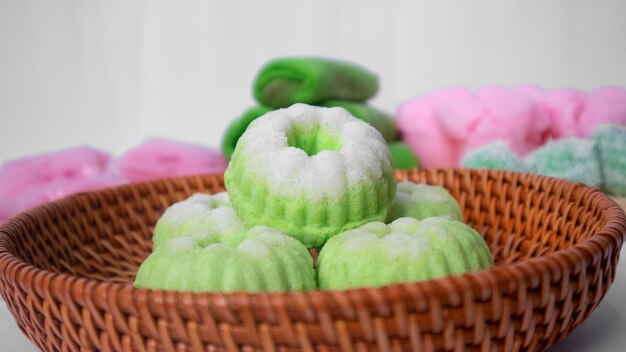 A plate of Indonesian Steamed Pandan Cake with Coconut