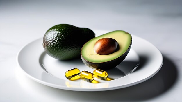 На тарелке авокадо и капсулы с биологически активными пищевыми добавками микроэлементами витамина
