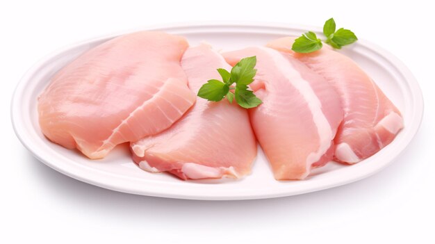 Plate of isolated poultry steaks cut raw Chicken breasts on white