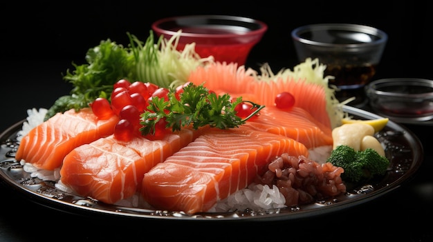 A plate of japanese sushi sliced fresh fish sashimi and vegetables fruit