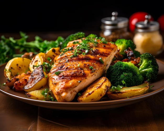 A plate of juicy and flavorful grilled chicken with vegetables Generative AI