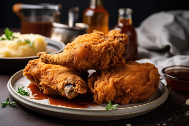 Plate of juicy fried chicken with side of mashed potatoes and gravy created with generative ai