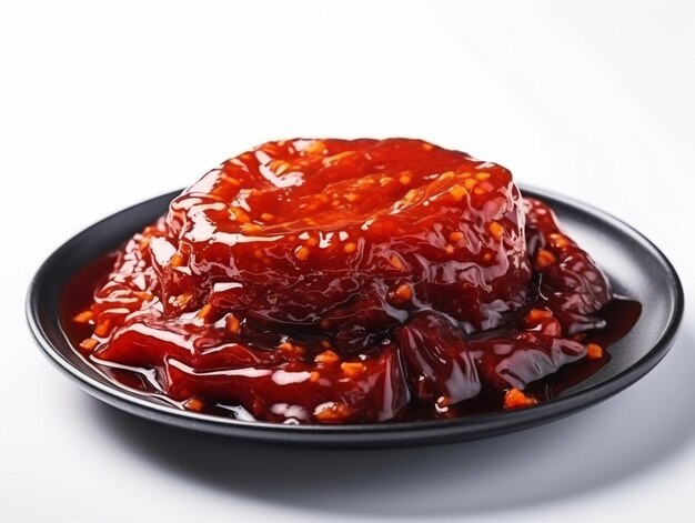 A plate of ketchup with a red sauce on it.