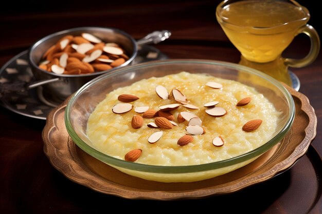 Photo a plate of kheer served with warm gulab jamun on the side