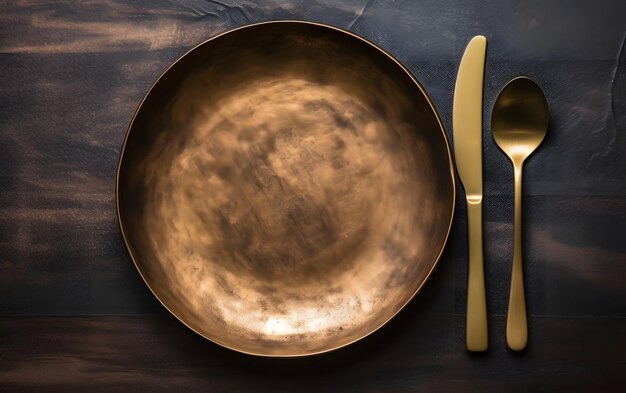 A plate and a knife are on a table with a gold spoon and a knife.