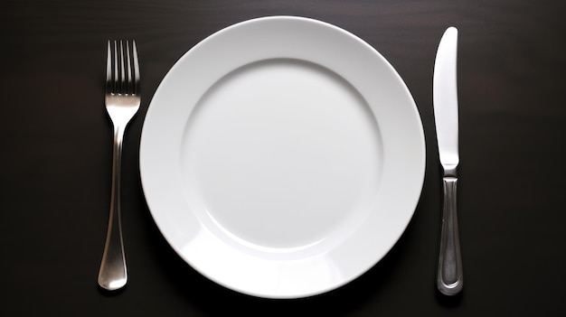 A plate and a knife are on a table with a knife and fork.