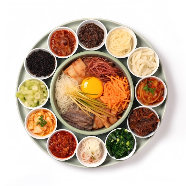 A plate of korean food including a variety of korean food.