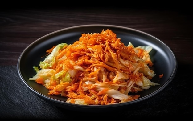 A plate of korean food with a pile of shredded cabbage.
