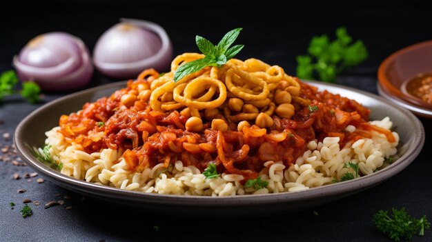 A plate of kushari an Egyptian dish featuring lentils rice macaroni and chickpeas topped