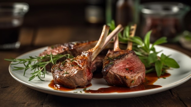 A plate of lamb chops with a green leaf on the side