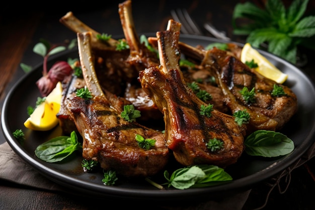 A plate of lamb chops with lemons and basil on the side.