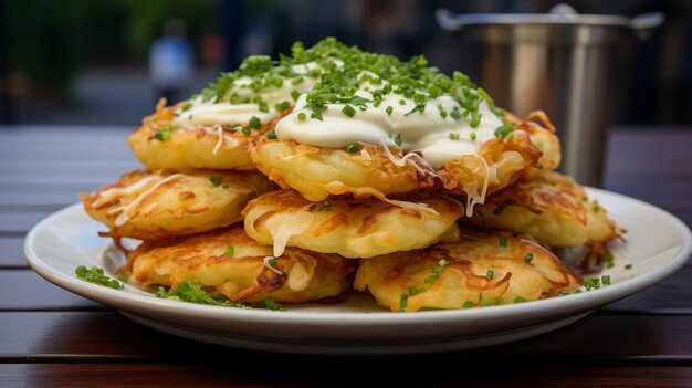 Photo a plate of langos a hungarian street food consisting of deepfried flatbread topped with garlic sour