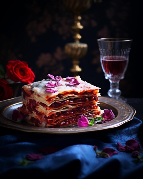 Plate of Lasagna Accompanied by Small Glass of Red Wine
