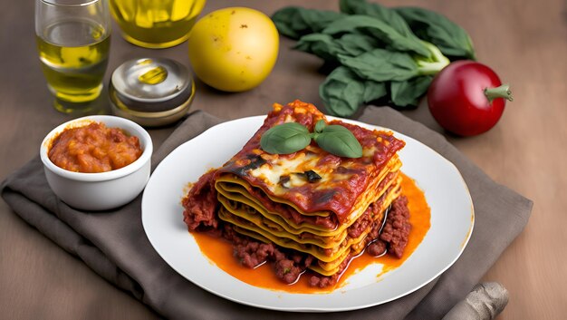 Photo a plate of lasagna with a bowl of fresh fruit on the side.