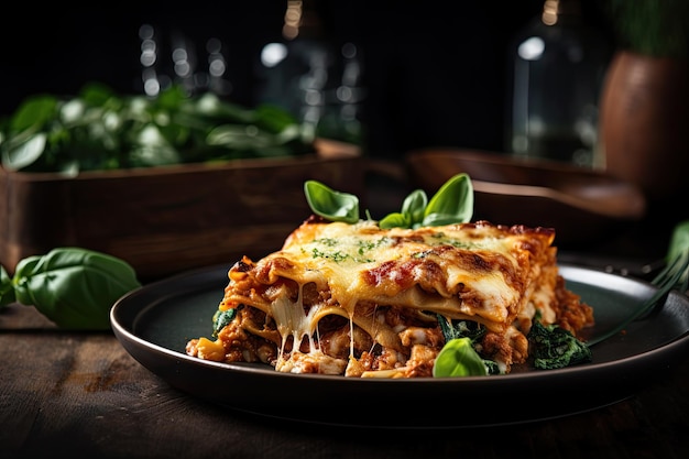 Plate of lasagna with drizzle of melted cheese and basil leaves