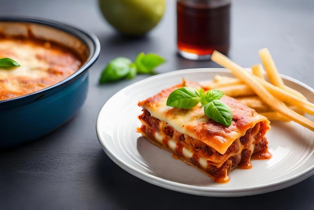 A plate of lasagna with french fries on it