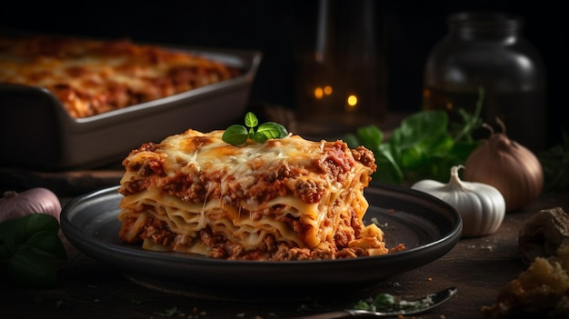 A plate of lasagna with a pan of lasagna on it