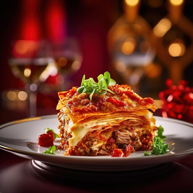 A plate of lasagna with a red ribbon in the background