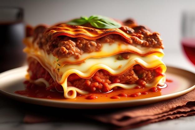 A plate of lasagna with a red sauce and cheese on top