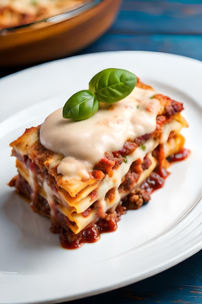 A plate of lasagna with a slice of lasagna on it