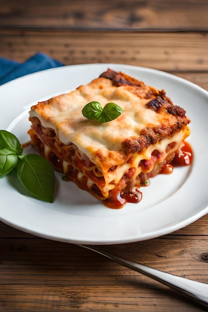 A plate of lasagna with a slice of lasagna on it