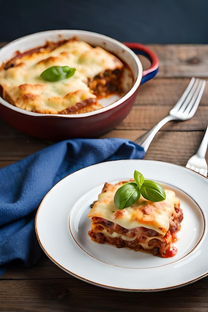 A plate of lasagna with a slice of lasagna on it