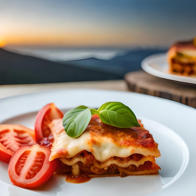 A plate of lasagna with tomatoes and basil on it