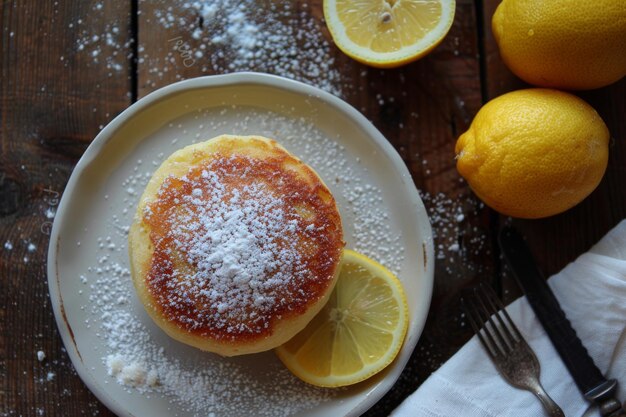 Plate of lemon pancakes with powdered sugar